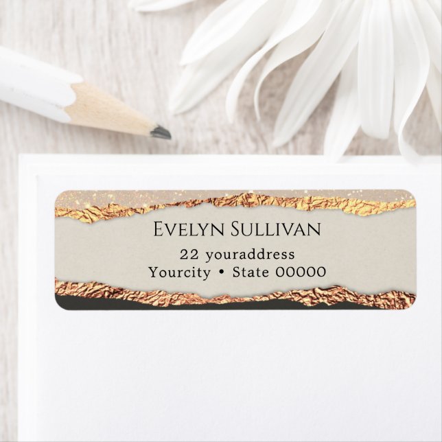 Gold black shimmer paper return address label (Insitu)