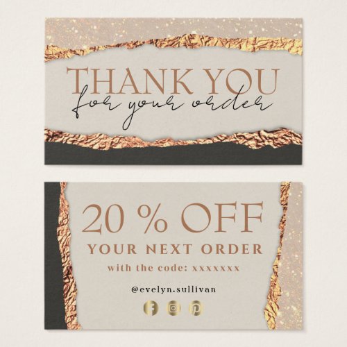Gold black shimmer paper thank you discount card