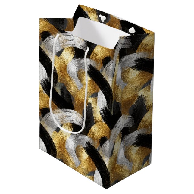Gold Black Silver Glam Confetti Christmas Medium Gift Bag (Front Angled)