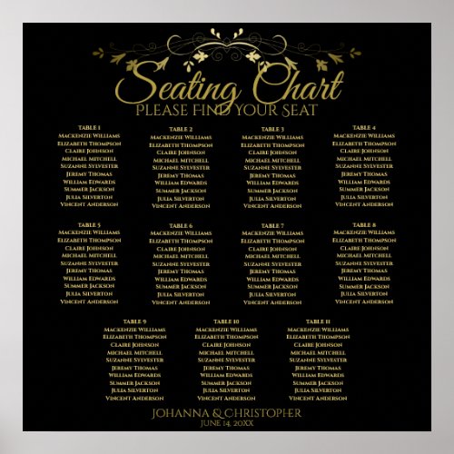 Gold  Black Simple 11 Table Wedding Seating Chart