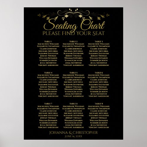 Gold  Black Simple 9 Table Wedding Seating Chart