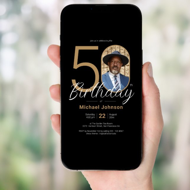 Gold Black Simple Chic Custom Photo 50th Birthday Invitation (Front Digital)
