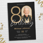 Gold Black Simple Custom Photo 80th Birthday Party Invitation<br><div class="desc">Gold Black Simple Custom Photo 80th Birthday Party Invitation. Elevate your milestone celebration with an invitation design that epitomizes understated elegance and chic minimalism. Our black and gold theme exudes sophistication, creating a refined atmosphere for your special day. The custom photo feature adds a personalized touch, ensuring that each invitation...</div>