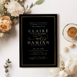 Gold Black Simple Elegance Romantic Script Wedding Invitation