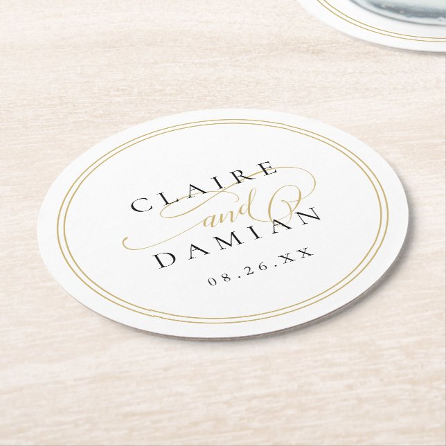 Gold Black Simple Elegance Romantic Script Wedding Round Paper Coaster (Angled)