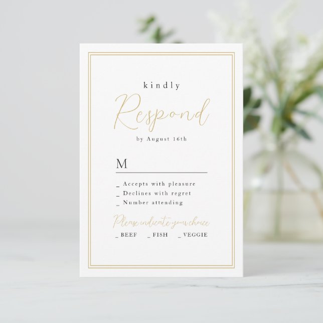 Gold Black Simple Elegance Romantic Script Wedding RSVP Card (Standing Front)