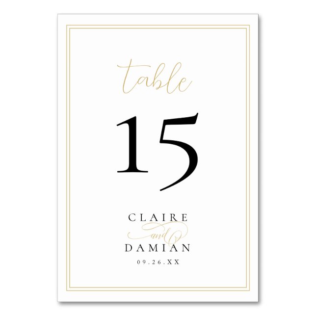 Gold Black Simple Elegance Romantic Script Wedding Table Number (Front)