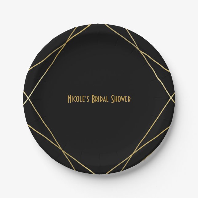 Gold & Black Simple Elegant Modern Glam Deco Party Paper Plates (Front)