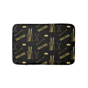 Gold Black Skis And Poles   Retro Ski Pattern  Bath Mat