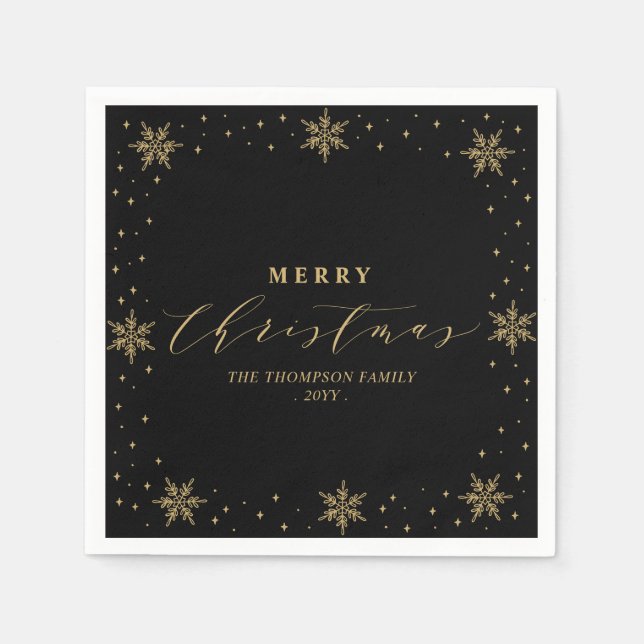 Gold & Black Snowflake Christmas Holiday Party Napkins (Front)
