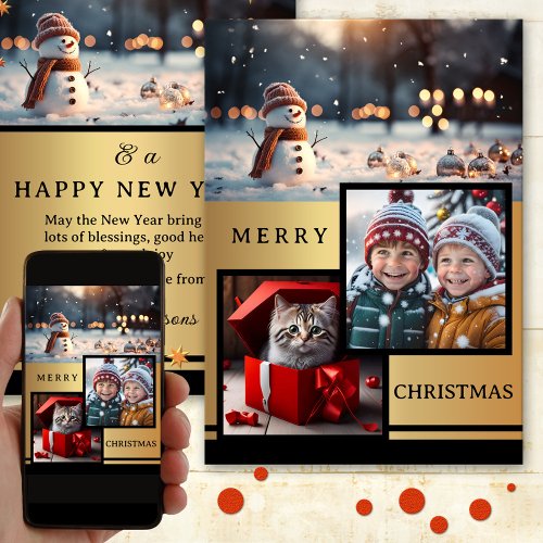 Gold Black Snowman Photo Christmas Holidays Card