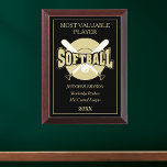 Gold Black Softball MVP Award Plaque<br><div class="desc">This softball Most Valuable Player award plaque features crossed white bats,  a softball,  and stylized text in gold that says "Softball".  Above and below the player image are text fields for you to customize,  also in gold. Everything is placed on a dramatic black background.</div>