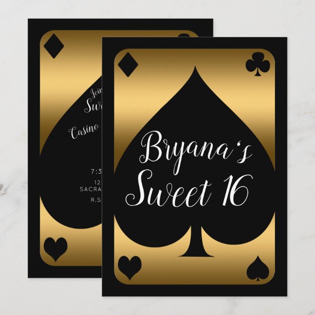 Gold & Black Spade Glam Casino Sweet 16 Party Invitation (Front/Back)