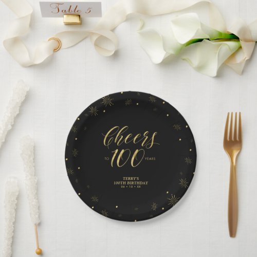 Gold  Black Sparkle Cheers 100th Birthday Party Paper Plates