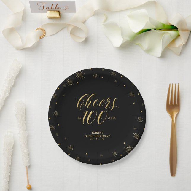 Gold & Black Sparkle Cheers 100th Birthday Party Paper Plates (Wedding)
