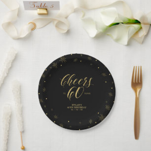 Gold & Black Sparkle Cheers 60th Birthday Party Paper Plates