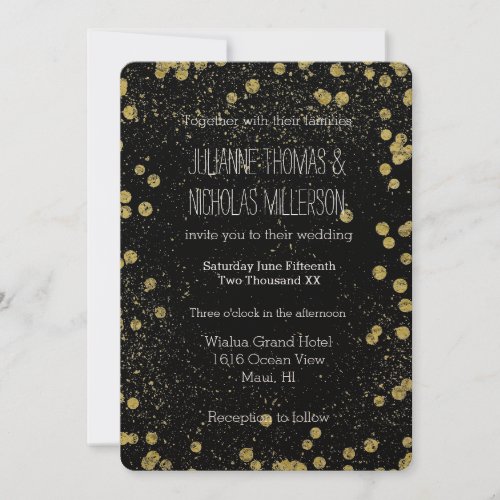Gold Black Sparkle Confetti Dots Wedding Invitation