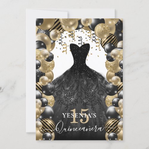 Gold Black Sparkle Dress Quinceanera Balloon Invitation