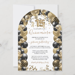 Gold Black Sparkle Photo Quinceanera Balloon Invitation