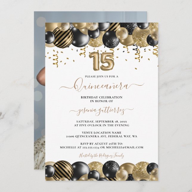 Gold Black Sparkle Photo Quinceanera Balloon Invitation (Front/Back)