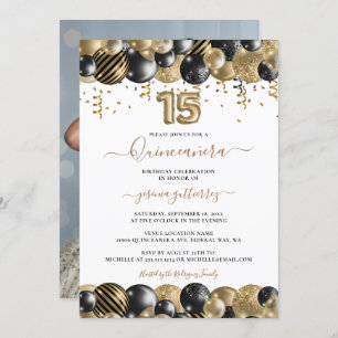 Gold Black Sparkle Photo Quinceanera Balloon Invitation