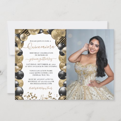 Gold Black Sparkle Quinceanera Balloon Photo Invitation