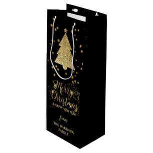 Gold Black Sparkles Merry Christmas Tree Wine Gift Bag