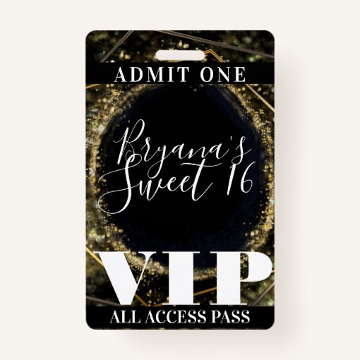 Gold Black Sparkling Lights Glam Sweet 16 VIP Pass Badge Zazzle
