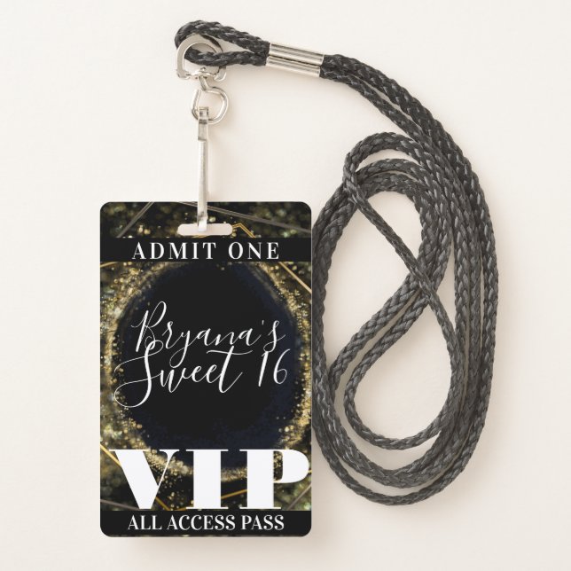 Gold Black Sparkling Lights Glam Sweet 16 VIP Pass Badge (Front with Lanyard)