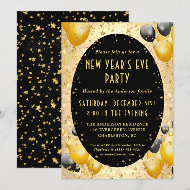 Gold Black Sparkling Stars New Year's Eve Party Invitation (Front/Back)