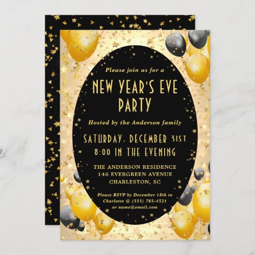 Gold Black Sparkling Stars New Years Eve Party Invitation