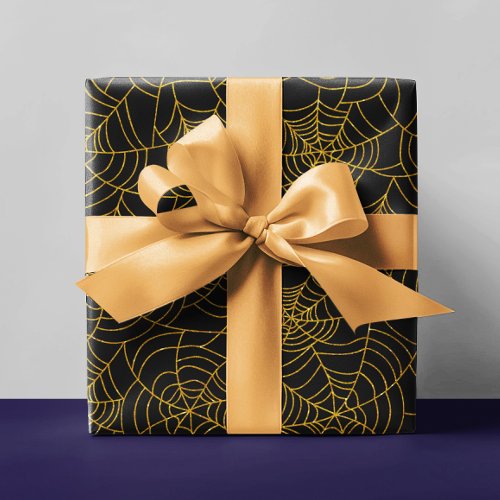 Gold Black Spider Webbing Spiderweb Halloween Wrapping Paper