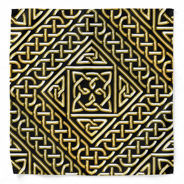 Gold Black Square Shapes Celtic Knotwork Pattern Bandana (Front)