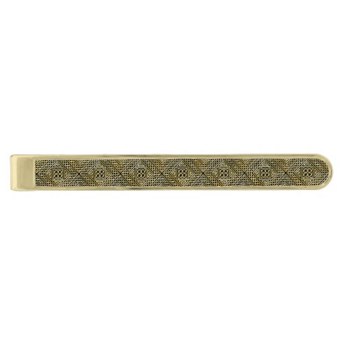 Gold Black Square Shapes Celtic Knotwork Pattern Gold Finish Tie Clip