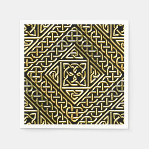 Gold Black Square Shapes Celtic Knotwork Pattern Paper Napkins