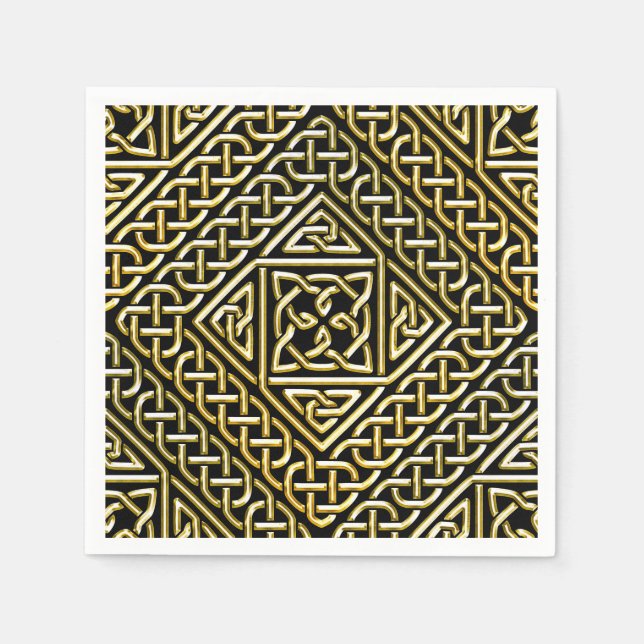 Gold Black Square Shapes Celtic Knotwork Pattern Paper Napkins (Front)