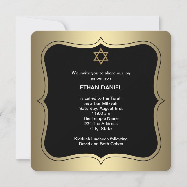 Gold Black Star of David Bar Mitzvah Invitation (Front)