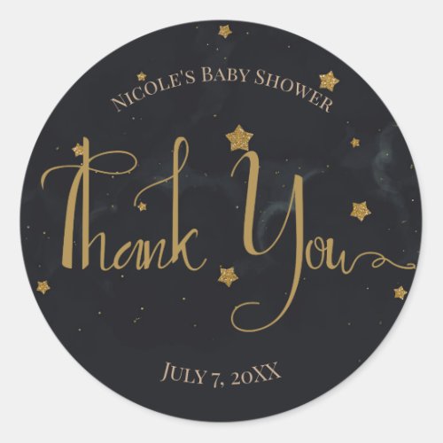 Gold Black Stars Dark Night Sky Baby Shower Party Classic Round Sticker