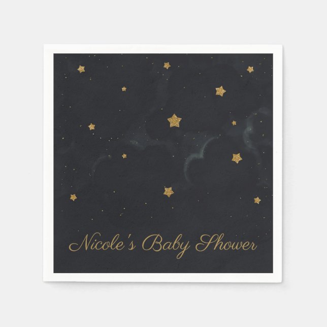 Gold Black Stars Dark Night Sky Baby Shower Party Napkins (Front)