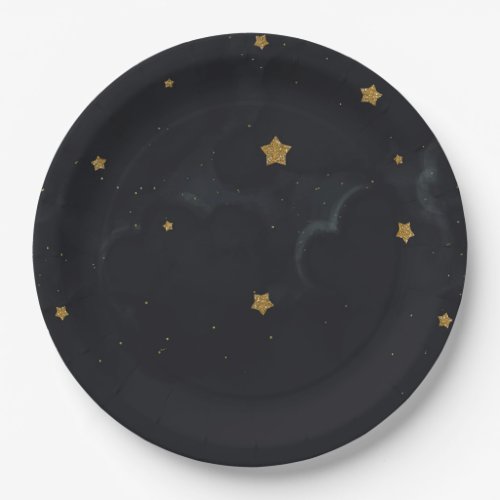 Gold Black Stars Dark Night Sky Baby Shower Party Paper Plates