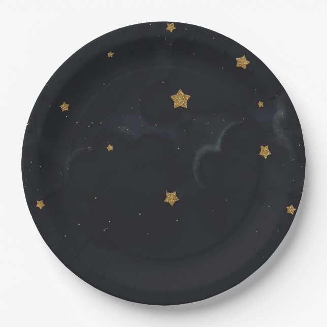 Gold Black Stars Dark Night Sky Baby Shower Party Paper Plates (Front)