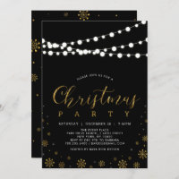 Gold & Black | String Lights Christmas Party Invitation