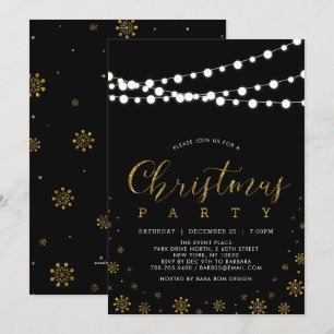 Gold & Black String Lights Christmas Party Invitation