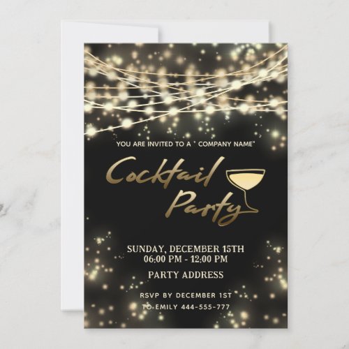 Gold black string lights corporate Cocktail party  Invitation