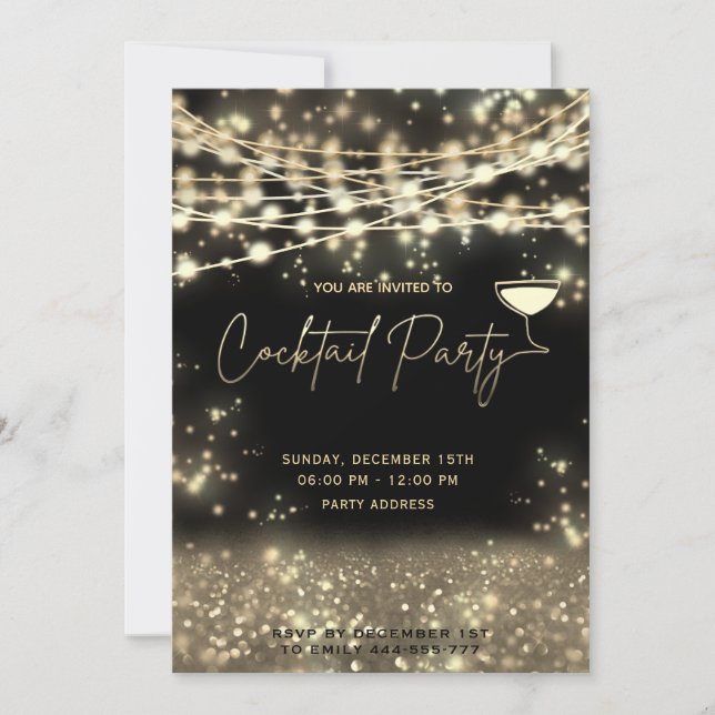 Gold black string lights corporate Cocktail party Invitation (Front)