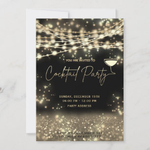 Gold black string lights corporate Cocktail party Invitation