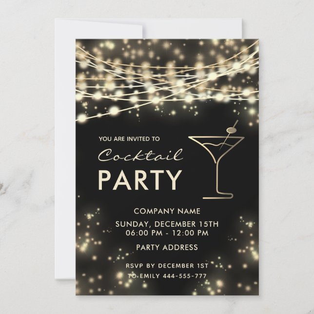 Gold black string lights corporate Cocktail party  Invitation (Front)