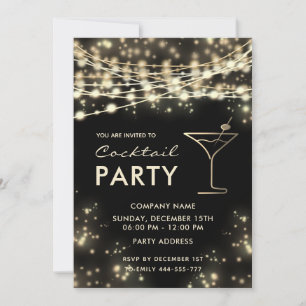Gold black string lights corporate Cocktail party Invitation