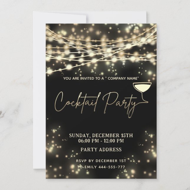 Gold black string lights corporate Cocktail party  Invitation (Front)