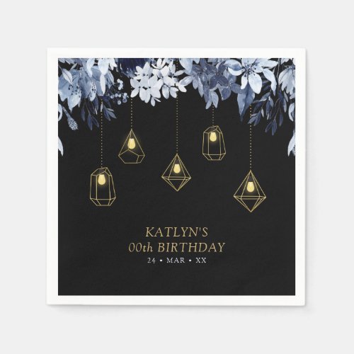 Gold  Black  String Lights Floral Birthday Party Napkins